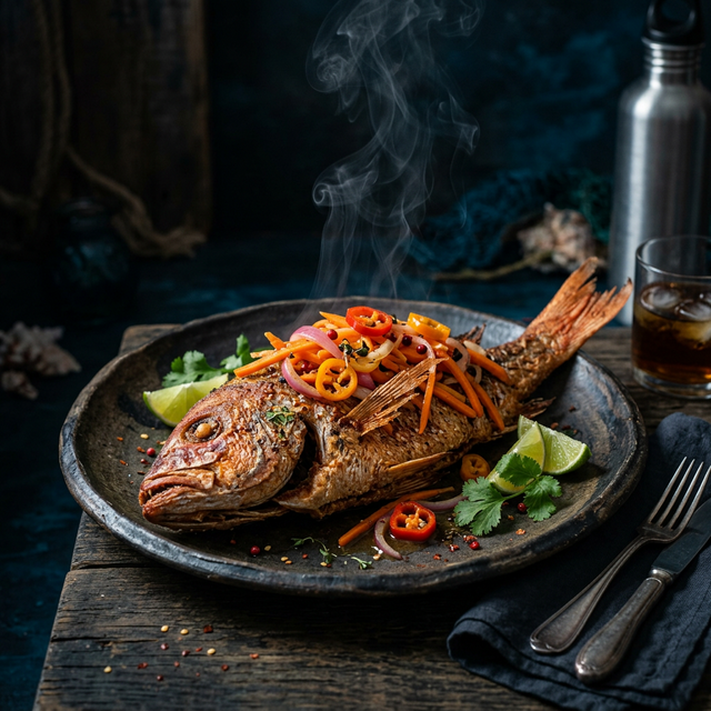 Jamaican Escovitch Fish - whole fried snapper with pickled vegetables