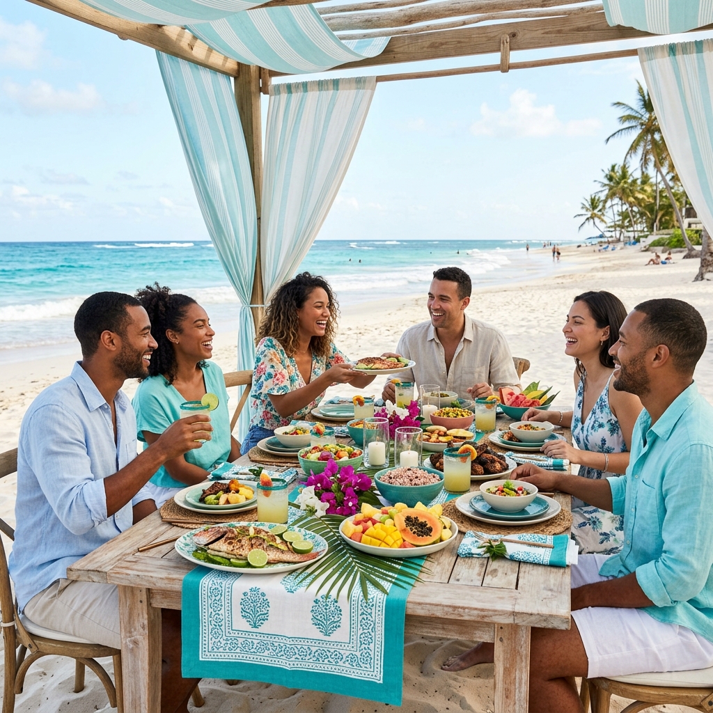 People enjoying a vibrant Caribbean meal by the beach